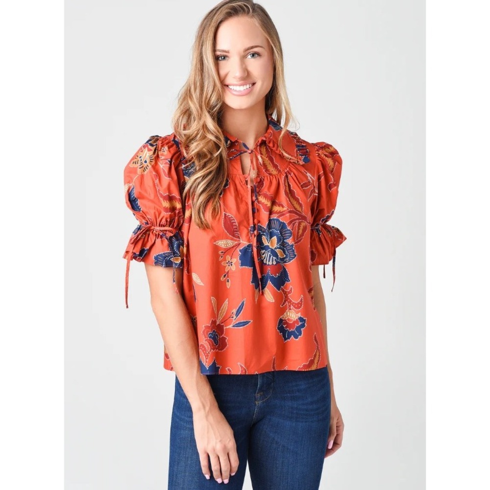 Hunter Bell Mayfair Peasant Blouse Red Floral Cotton Puff Sleeve Swing Size XS